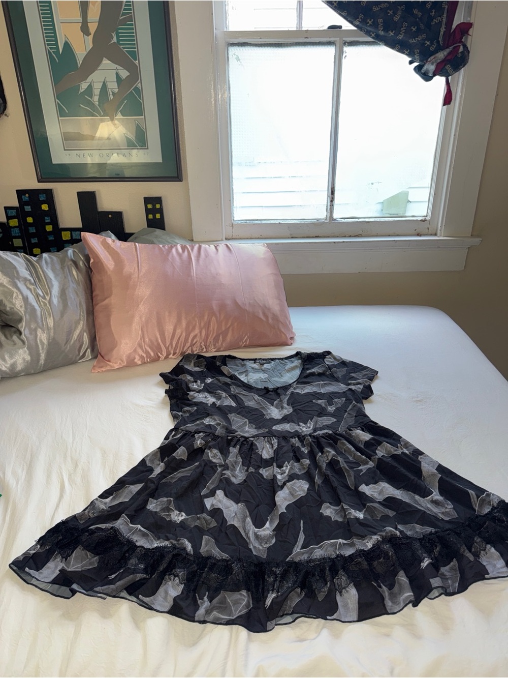 Widow Dolls Kill Bat Print Chiffon BabyDoll Mini Dress